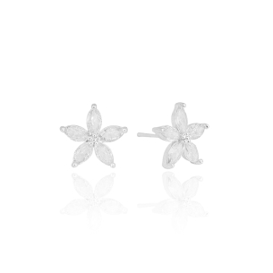 Brinco Flor Cristal Banho Branco