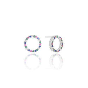 Brinco Circulo Vazado Cravejado Colorido Banho Branco