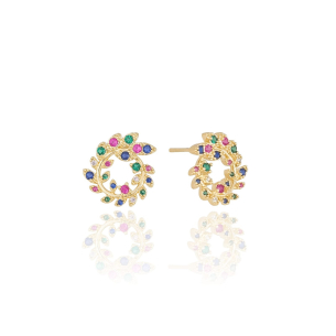 Brinco Folhas Cravejadas Coloridas Circular Banho Dourado
