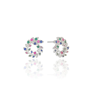 Brinco Folhas Cravejadas Coloridas Circular Banho Branco