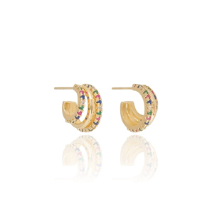 Brinco Argola Filetes Cravejados Coloridos e Liso Banho Dourado