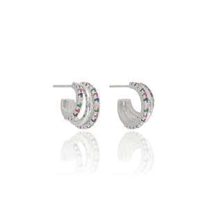 Brinco Argola Filetes Cravejados Coloridos e Liso Banho Branco