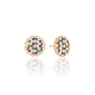 Brinco Redondo Cravejado Colorido Detalhes Banho Dourado