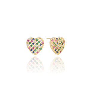Brinco Coração Cravejado Colorido Banho Dourado