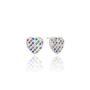 Brinco Coração Cravejado Colorido Banho Branco