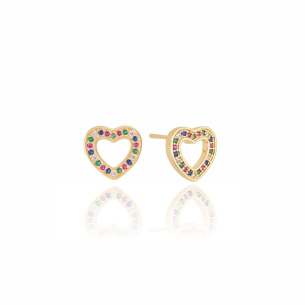 Brinco Coração Vazado Cravejado Colorido Banho Dourado