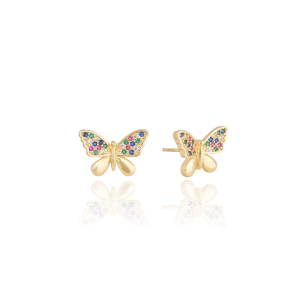 Brinco Borboleta Lisa e Cravejada Colorida Banho Dourado