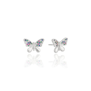 Brinco Borboleta Lisa e Cravejada Colorida Banho Branco