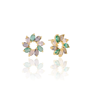 Brinco Redondo Navetes Coloridas Banho Dourado