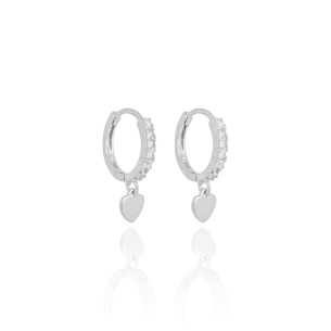 Brinco Argola Cravejada Cristal Pingente Coração Liso Banho Branco