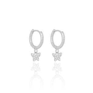 Brinco Argola Pingente Borboleta Cravejada Cristal Banho Branco