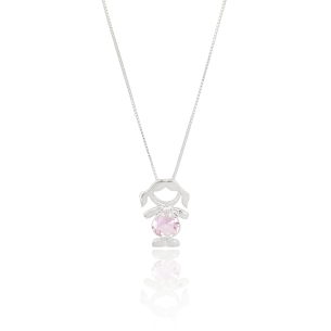 Gargantilha Pingente Menina Coração Safira Rosa Veneziana Banho Branco