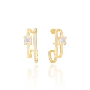 Ear Hook Filetes Detalhe Quadrado Cristal Banho Dourado