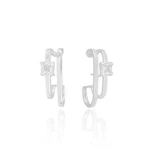 Ear Hook Filetes Detalhe Quadrado Cristal Banho Branco
