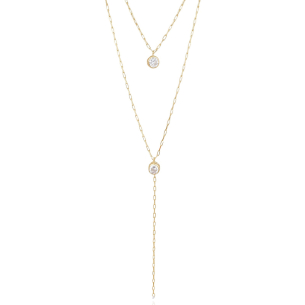 Gargantilha Dupla Elos Gravata Pontos de Luz Cristal Banho Dourado