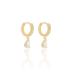Brinco Argola Cravejada Zircônias Cristal Pingente Gota Banho Dourado