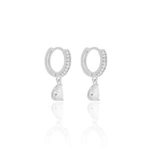 Brinco Argola Cravejada Zircônias Cristal Pingente Gota Banho Branco