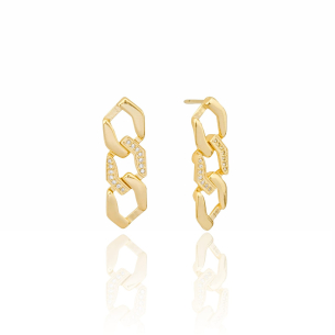 Brinco Argolas Retangular Lisas e Cravejada Cristal Banho Dourado