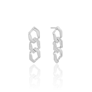 Brinco Argolas Retangular Lisas e Cravejada Cristal Banho Branco