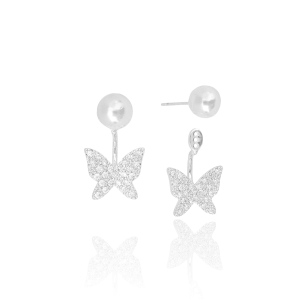Ear Jacket Perola Borboleta Cravejada Cristal Banho Branco