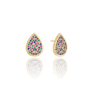 Brinco Gota Cravejado Colorido Banho Dourado