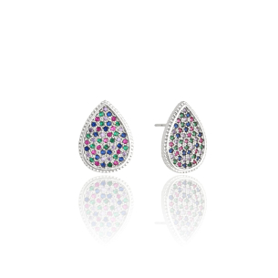 Brinco Gota Cravejado Colorido Banho Branco
