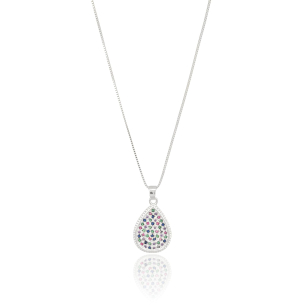 Gargantilha Veneziana Pingente Gota Cravejado Colorido Banho Branco