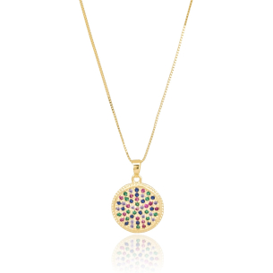 Gargantilha Veneziana Pingente Redondo Cravejado Colorido Banho Dourado