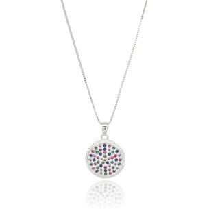 Gargantilha Veneziana Pingente Redondo Cravejado Colorido Banho Branco