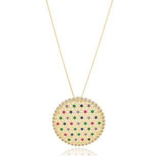 Gargantilha Veneziana Mandala Cravejada Colorida Banho Dourado