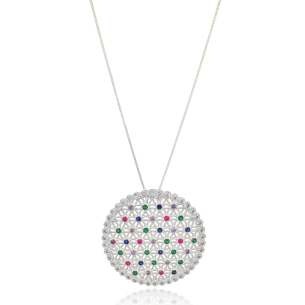 Gargantilha Veneziana Mandala Cravejada Colorida Banho Branco