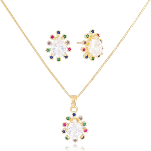 Conjunto Gota Cristal Borda Cravejada Colorida Banho Dourado