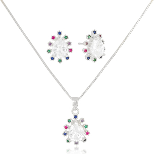 Conjunto Gota Cristal Borda Cravejada Colorida Banho Branco