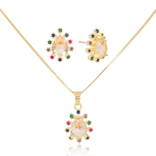 Conjunto Gota Morganita Borda Cravejada Colorida Banho Dourado