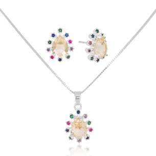 Conjunto Gota Morganita Borda Cravejada Colorida Banho Branco