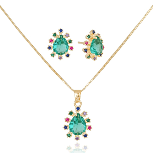 Conjunto Gota Turmalina Borda Cravejada Colorida Banho Dourado