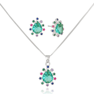 Conjunto Gota Turmalina Borda Cravejada Colorida Banho Branco