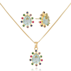 Conjunto Gota Blue Sky Borda Cravejada Colorida Banho Dourado