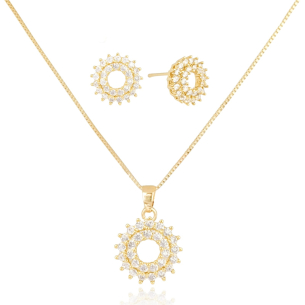 Conjunto Redondo Cravejado Cristal Banho Dourado