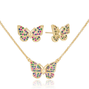 Conjunto Borboleta Cravejada Colorida Banho Dourado
