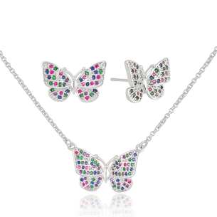 Conjunto Borboleta Cravejada Colorida Banho Branco