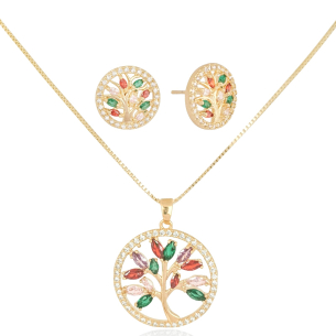 Conjunto Arvore da Vida Colorida Borda Cravejada Cristal Banho Dourado