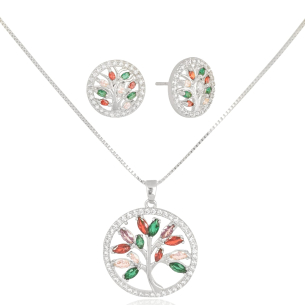 Conjunto Arvore da Vida Colorida Borda Cravejada Cristal Banho Branco