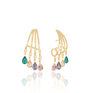 Brinco Filetes Gotas Coloridas Banho Dourado