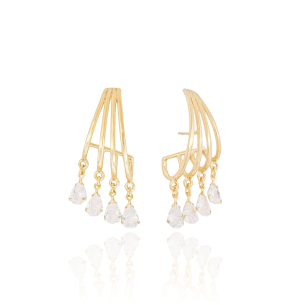 Brinco Filetes Gotas Cristal Banho Dourado