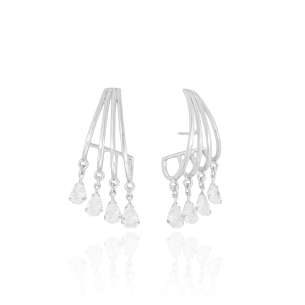 Brinco Filetes Gotas Cristal Banho Branco