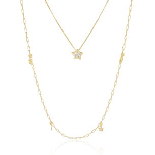 Gargantilha Dupla Estrelas Lisa e Cristal Elos Banho Dourado