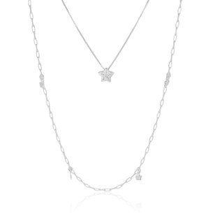 Gargantilha Dupla Estrelas Lisa e Cristal Elos Banho Branco