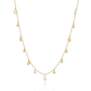 Gargantilha Longa Plaquetas Redondas Flat Elos Banho Dourado