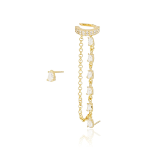 Ear Line Gota Piercing Cravejado Cristal Corrente Portuguesa Banho Dourado